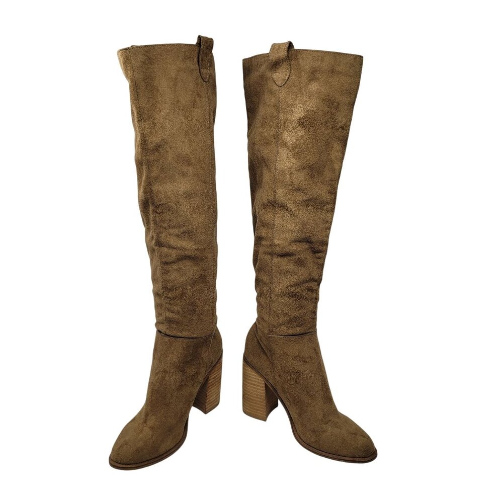 Oasis Society  Vegan‎ Faux Suede Knee-High Boots Sz 6.5 Tan Tall Heeled Riding